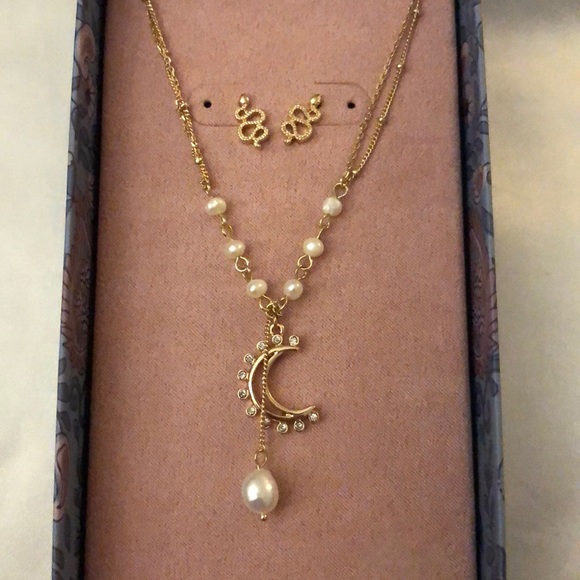 Lucky Brand Gold Tone Snake Stud Earrings & Moon Lariat Necklace NWT & Box - Picture 14 of 15
